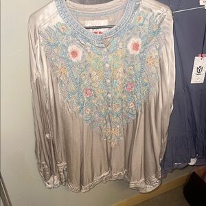 Johnny Was Tan Cream Embellished Long Sleeve Blouse